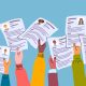Multiple illustrated hands holding up CVs.