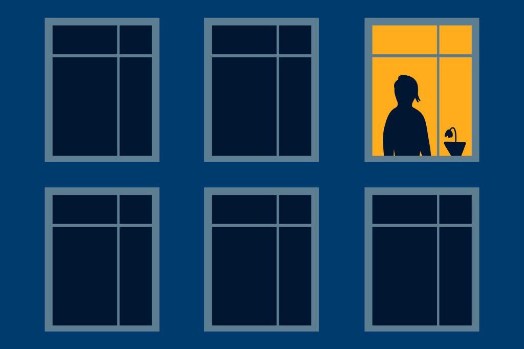 Illustration of a person's silhouette looking out a window.
