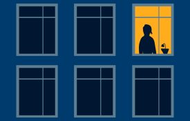 Illustration of a person's silhouette looking out a window.
