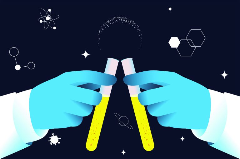 Doctors toasting with test tubes illustration