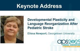 Title slide with the text "Keynote Address: Developmental Plasticity and Language Reorganization After Pediatric Stroke. Elissa Newport, Georgetown University."