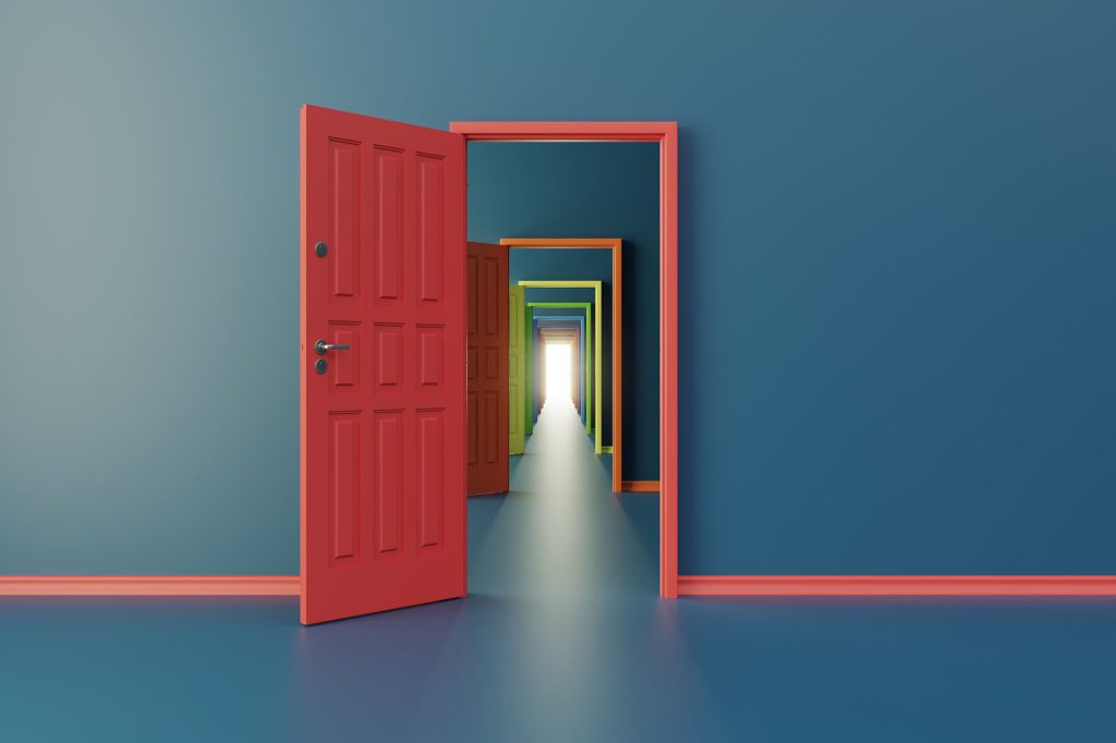 Graphic of a red door opening up to several other doors.