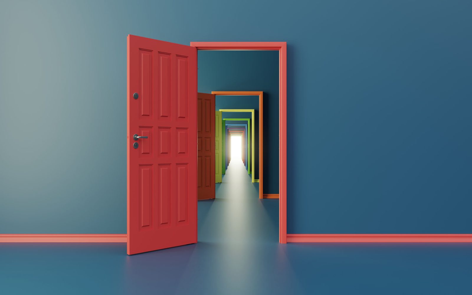 Graphic of a red door opening up to several other doors.