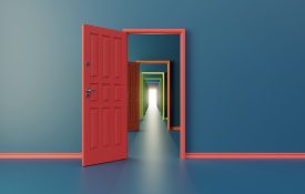 Graphic of a red door opening up to several other doors.