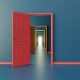 Graphic of a red door opening up to several other doors.