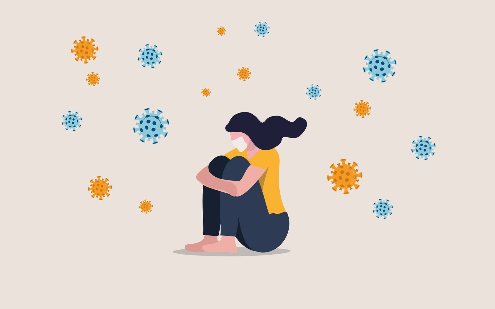 Infographic of a woman sitting alone with COVID-19 viruses floating around her.