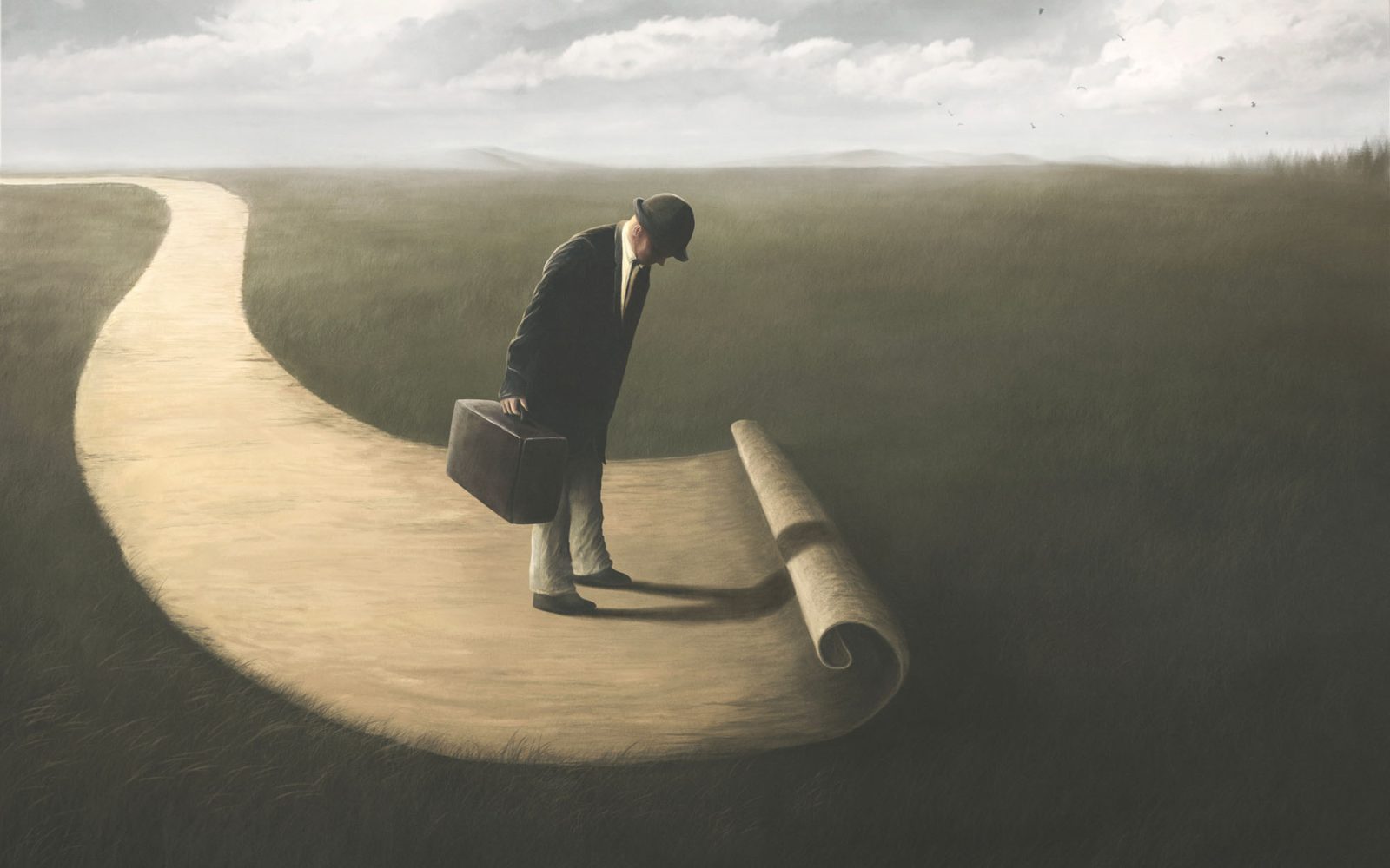 Illustration of a business man coming to the end of a rolled up pathway.