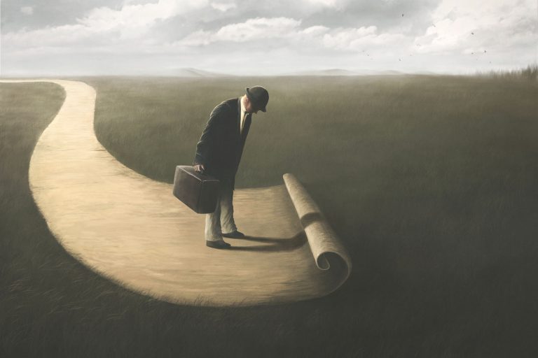 Illustration of a business man coming to the end of a rolled up pathway.