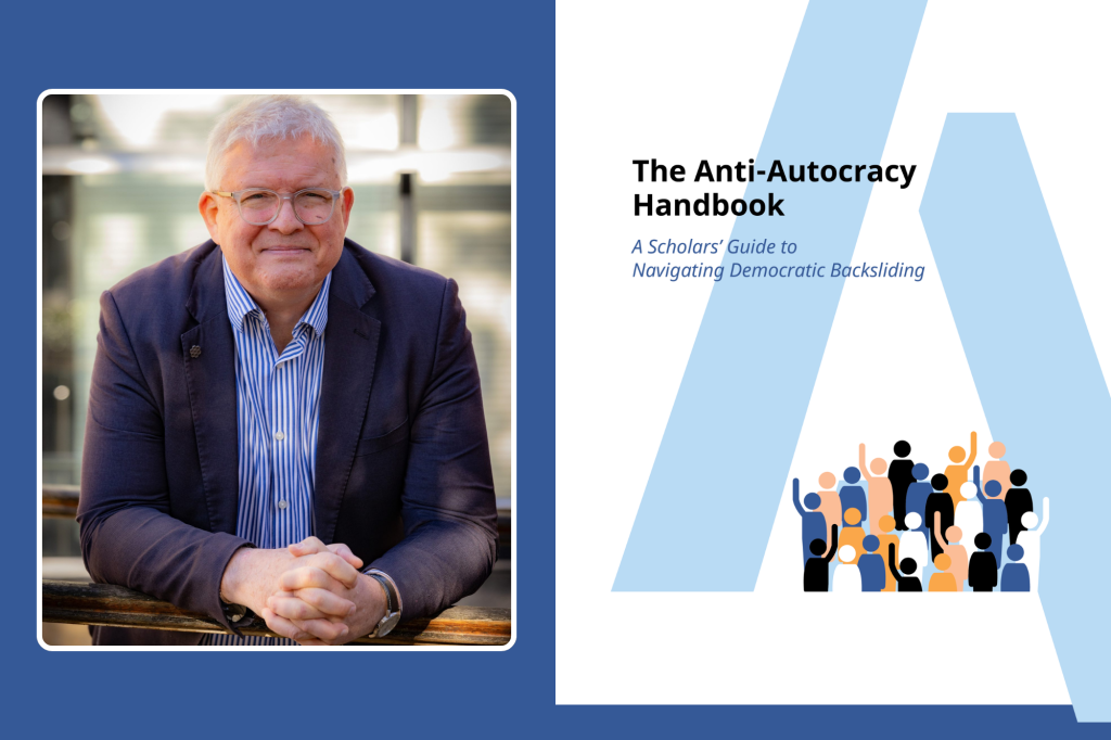 Graphic of the Autocracy Handbook and a headshot of Stephan Lewandowsky.