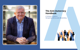 Graphic of the Autocracy Handbook and a headshot of Stephan Lewandowsky.