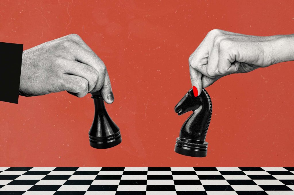 Composite photo collage of two players hold chess board game.