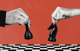 Composite photo collage of two players hold chess board game.