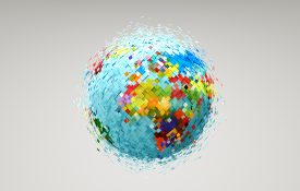 Multi colored rhombuses covering the Earth and expanding, view of Europe and Africa, 3d render.
