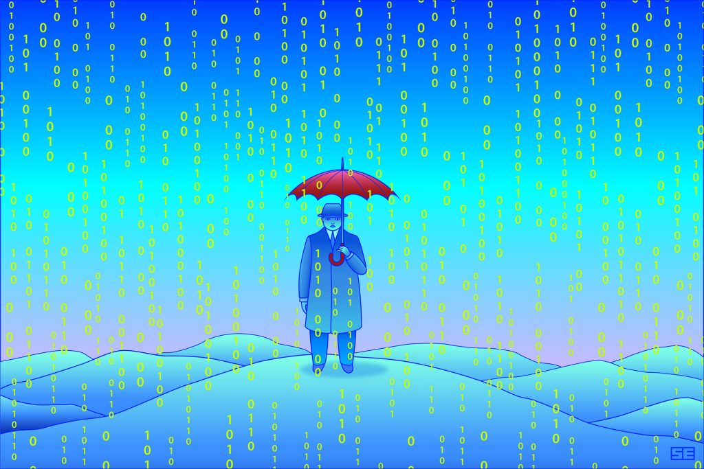 An illustration of a man, standing on a hill, holding an umbrella. He is shielding himself from digital rain in the form of ones and zeros.
