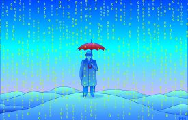 An illustration of a man, standing on a hill, holding an umbrella. He is shielding himself from digital rain in the form of ones and zeros.