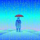 An illustration of a man, standing on a hill, holding an umbrella. He is shielding himself from digital rain in the form of ones and zeros.