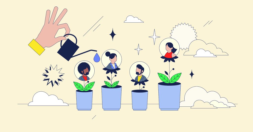 Illustration demonstrating developing talent through nurturing hands, featuring plants, people, and watering can.