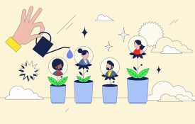 Illustration demonstrating developing talent through nurturing hands, featuring plants, people, and watering can.