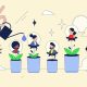 Illustration demonstrating developing talent through nurturing hands, featuring plants, people, and watering can.