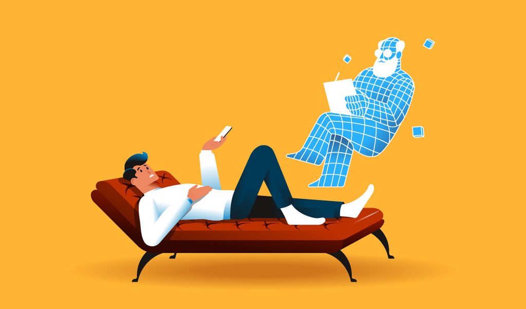 Illustration of a person lying on a couch talking to an AI therapist.