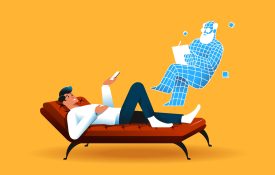 Illustration of a person lying on a couch talking to an AI therapist.