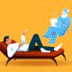 Illustration of a person lying on a couch talking to an AI therapist.