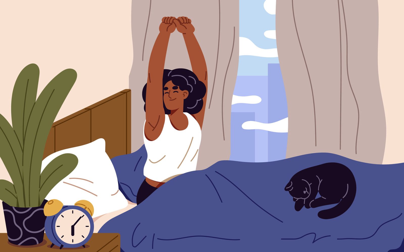 Illustration of a person sitting in bed, stretching in morning.