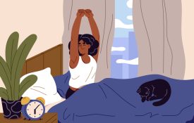 Illustration of a person sitting in bed, stretching in morning.