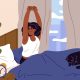 Illustration of a person sitting in bed, stretching in morning.