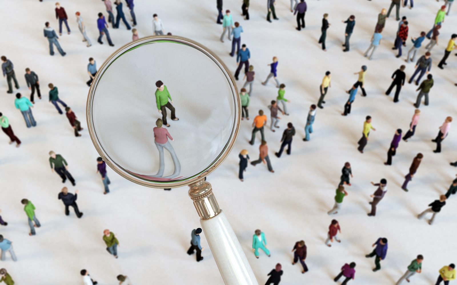 Zoom in with magnifying glass on crowd of people.