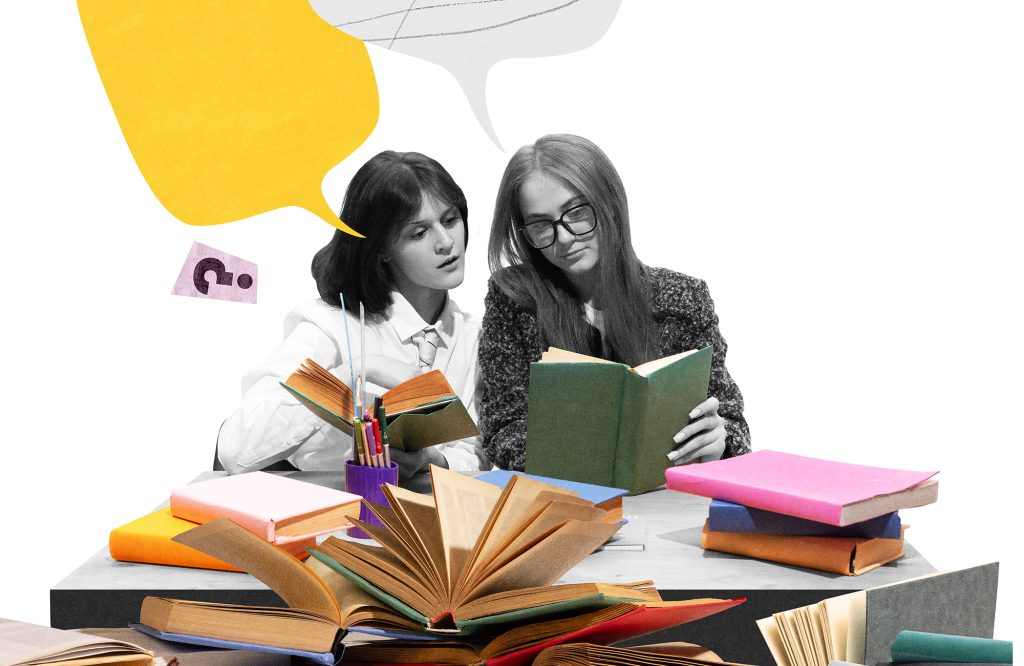 Two female students reading colorful books with creative speech bubbles flying around.