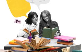 Two female students reading colorful books with creative speech bubbles flying around.