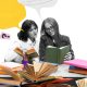 Two female students reading colorful books with creative speech bubbles flying around.