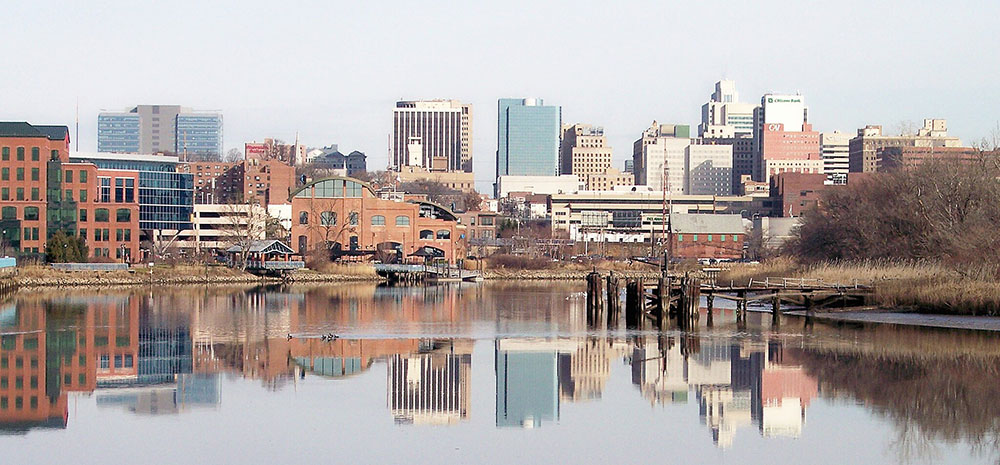 Skyline of downtown Wilmington, Delaware and the Christina River.