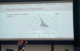 Bjornsdottir stands in front of a projected slide with "Misperceptions of inequality" as the title, while teaching on the psychology of social class. Photo taken by Dr. Carol Jasper.