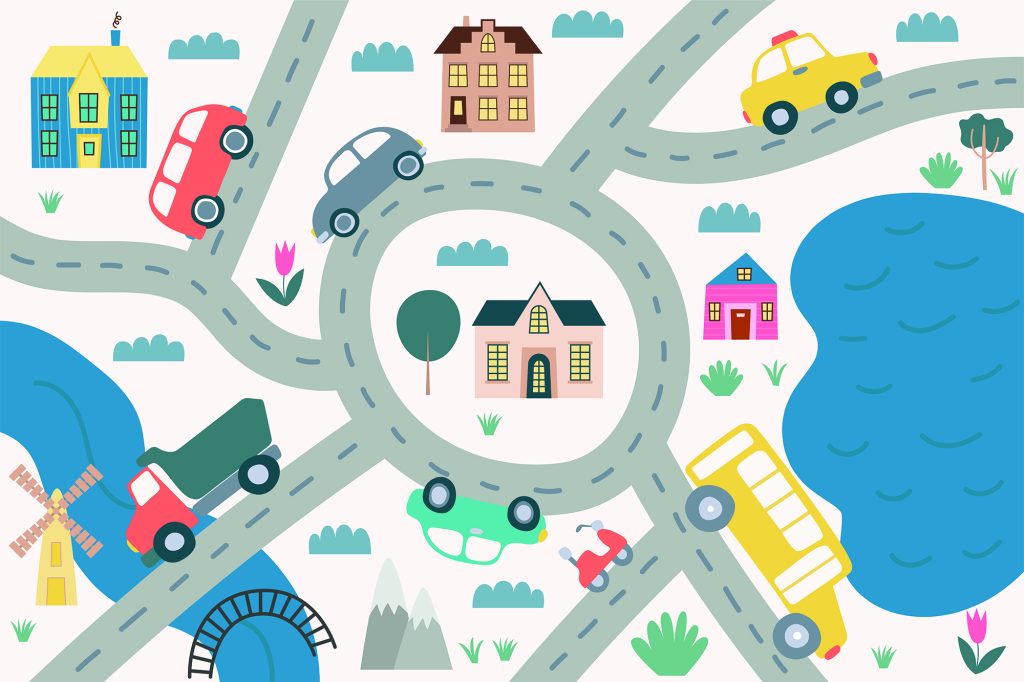 Flat road map with transport, cars, bus, houses, mountains and trees.