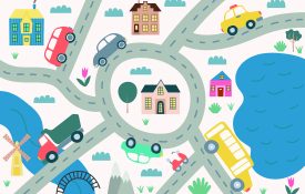 Flat road map with transport, cars, bus, houses, mountains and trees.