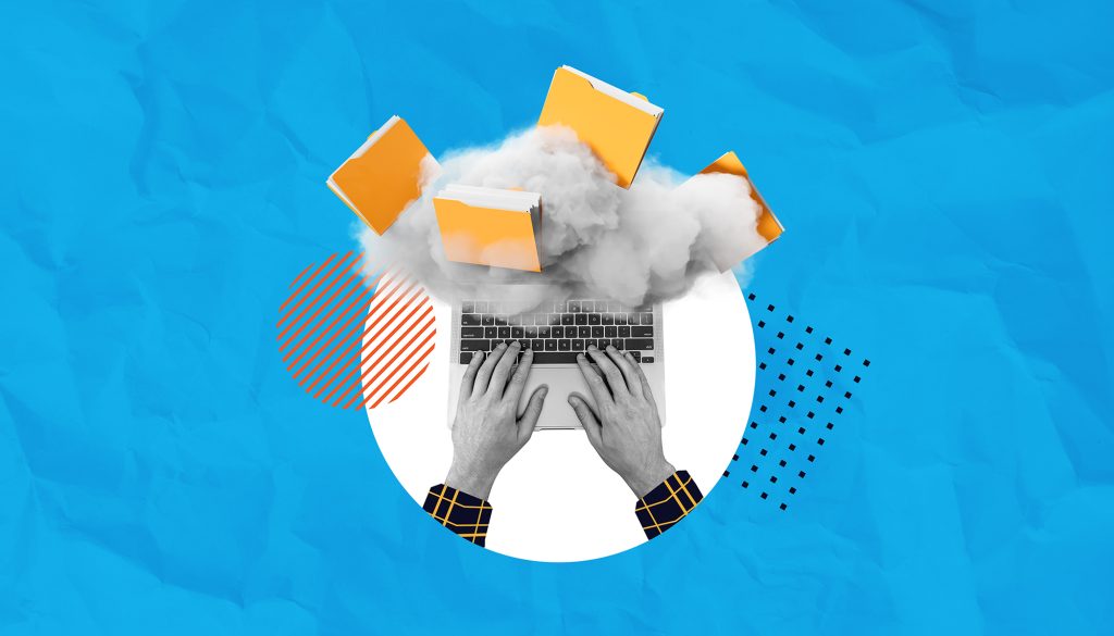 Hands typing on a laptop with yellow folders emerging from a cloud, symbolizing cloud computing and data storage, on a textured blue background.