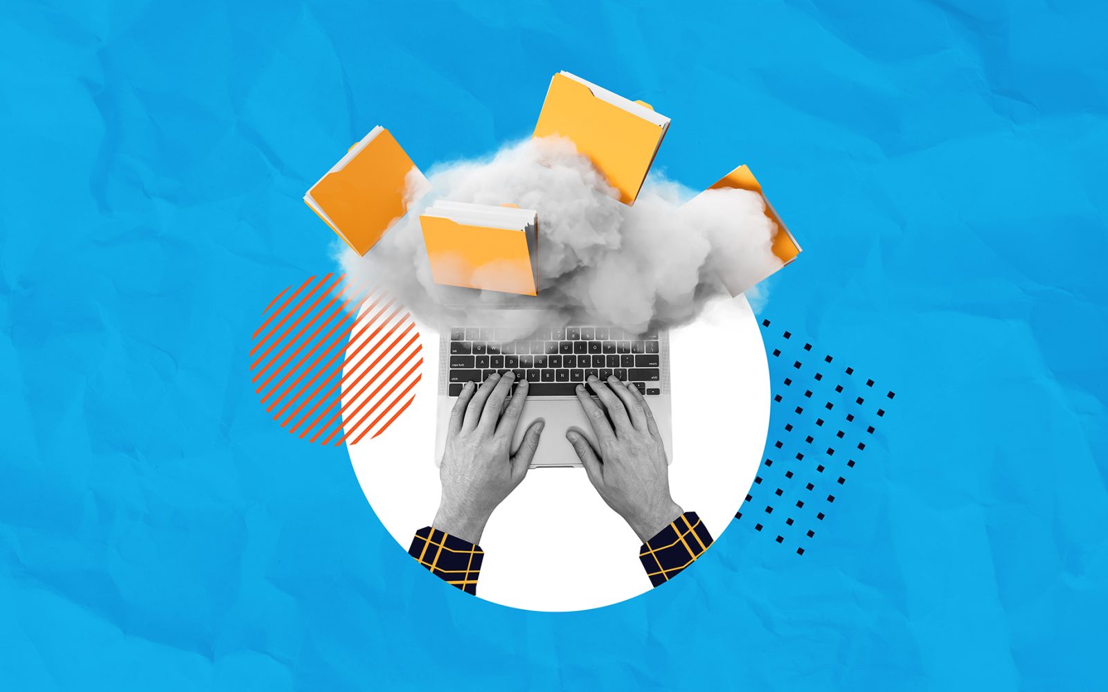 Hands typing on a laptop with yellow folders emerging from a cloud, symbolizing cloud computing and data storage, on a textured blue background.