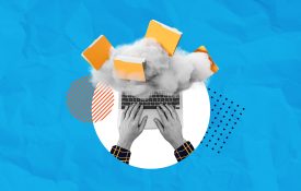 Hands typing on a laptop with yellow folders emerging from a cloud, symbolizing cloud computing and data storage, on a textured blue background.