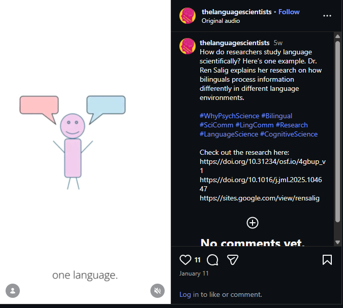 Lauren Salig's Instagram post: How do researchers study language scientifically? Here’s one example. Dr. Ren Salig explains her research on how bilinguals process information differently in different language environments.

#WhyPsychScience #Bilingual #SciComm #LingComm #Research #LanguageScience #CognitiveScience