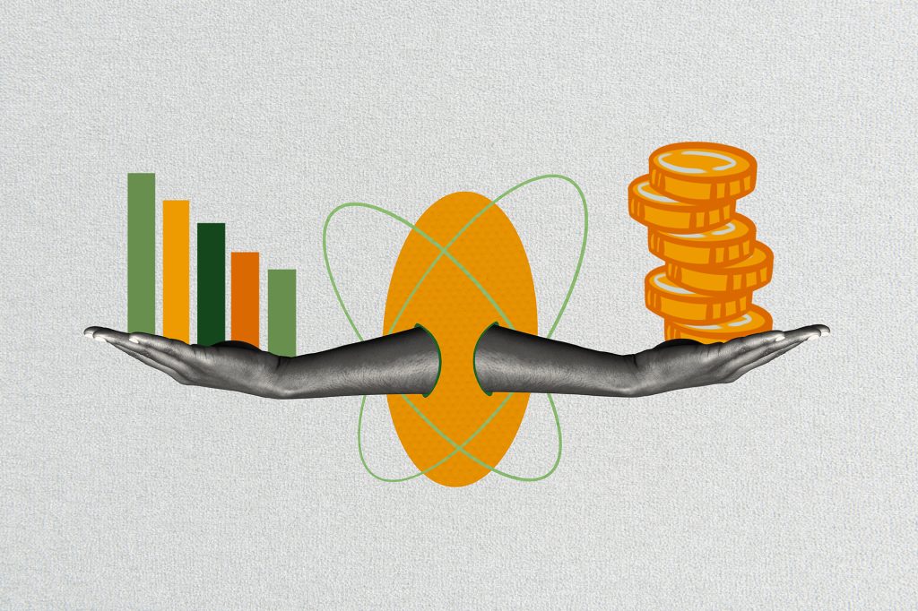 Contemporary poster art collage of hands holding coins and an income chart.