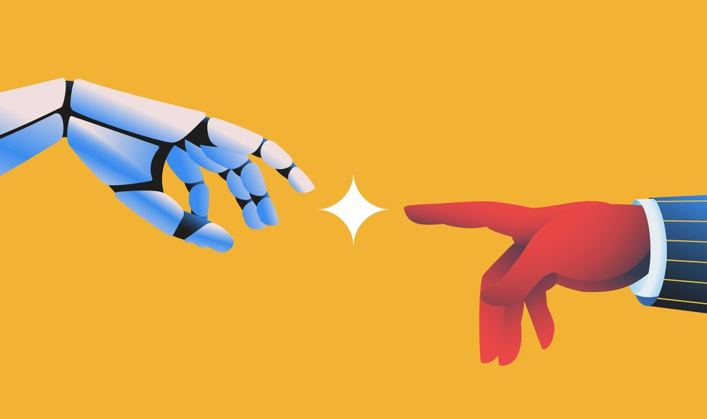 Robot hand touching human hand illustration