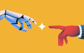 Robot hand touching human hand illustration