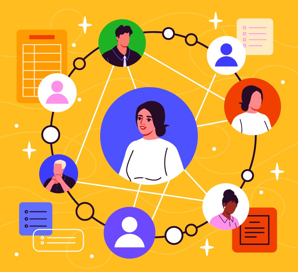 Graphic of circles with networking-related images.
