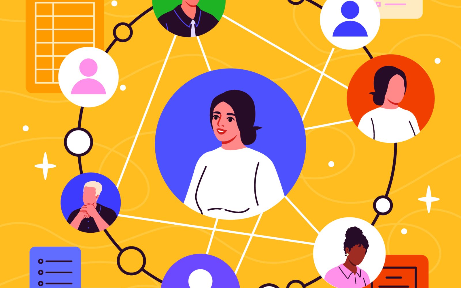 Graphic of circles with networking-related images.