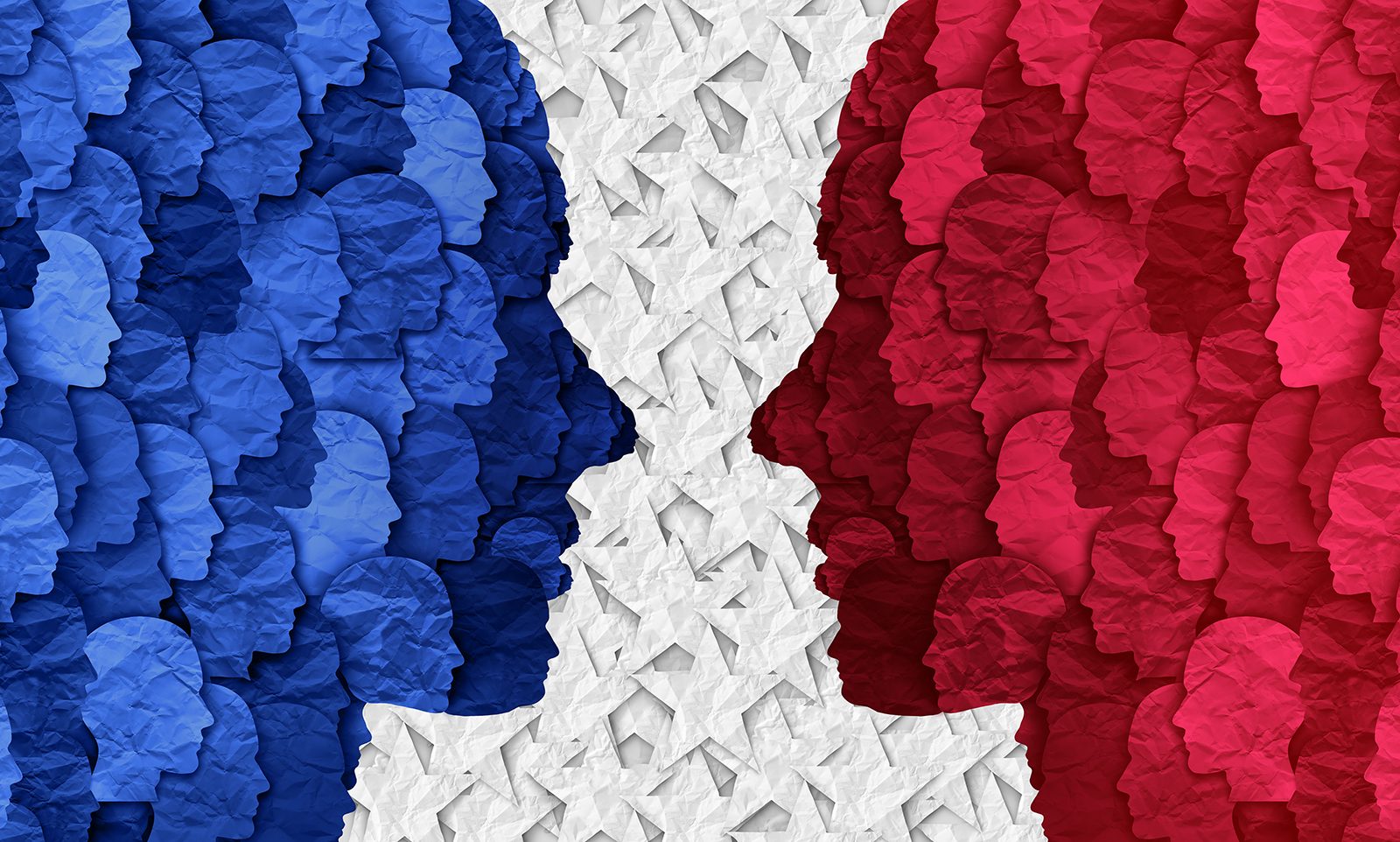 Abstract illustration of red and blue faces looking at each other.