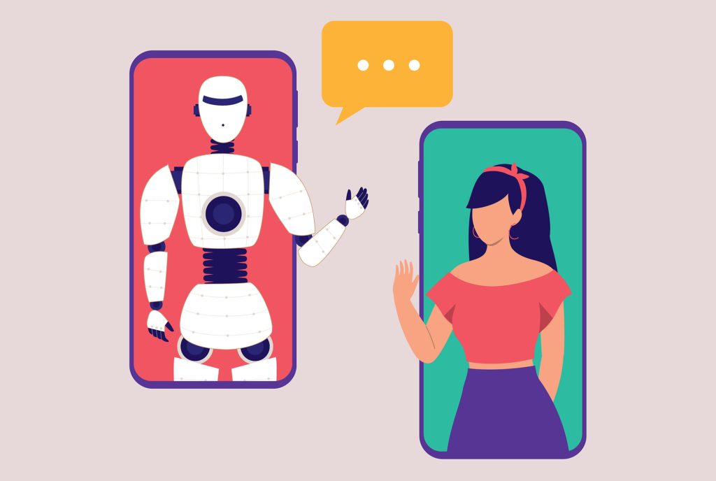 AI robot and young woman inside handphone waving and chatting to each other.