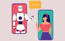 AI robot and young woman inside handphone waving and chatting to each other.