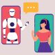 AI robot and young woman inside handphone waving and chatting to each other.